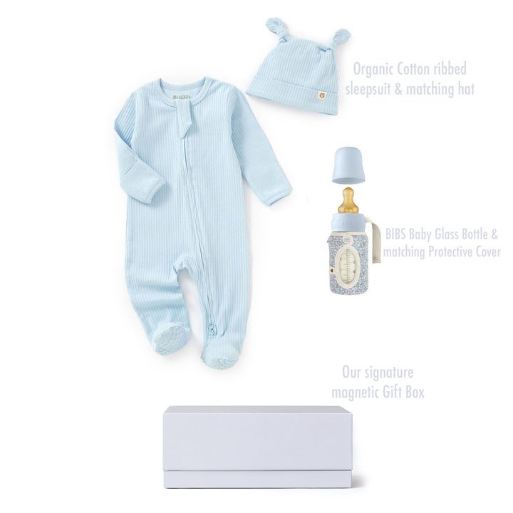 JBØRN x BIBS Baby Shower Gift Set | 0-3 Months | Organic Cotton Sleepsuit & Matching Baby Bottle - Personalisable Baby Products Sold and Personalised by JustBørn