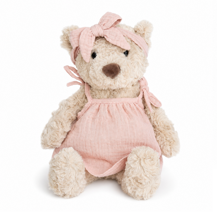 JBØRN Beige Teddy Bear Soft Toy with Personalised Outfit Teddy in Blush Dress - Personalisable Baby Products Sold and Personalised by JustBørn