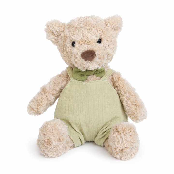 JBØRN Beige Teddy Bear Soft Toy with Personalised Outfit Teddy in Pistachio Dungarees - Personalisable Baby Products Sold and Personalised by JustBørn