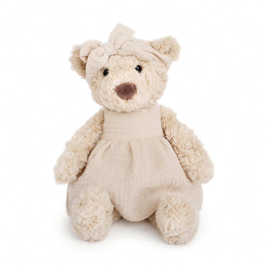 JBØRN Beige Teddy Bear Soft Toy with Personalised Outfit Teddy in Vanilla Dress - Personalisable Baby Products Sold and Personalised by JustBørn