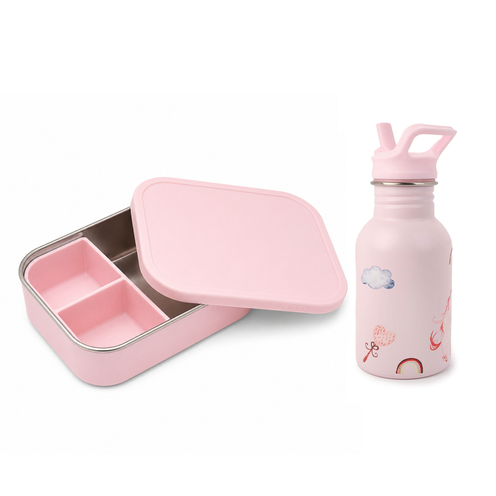 JBØRN Personalised Water Bottle & Lunch Box Set Unicorns Lunch Box Set - New Design - Personalisable Baby Products Sold and Personalised by JustBørn