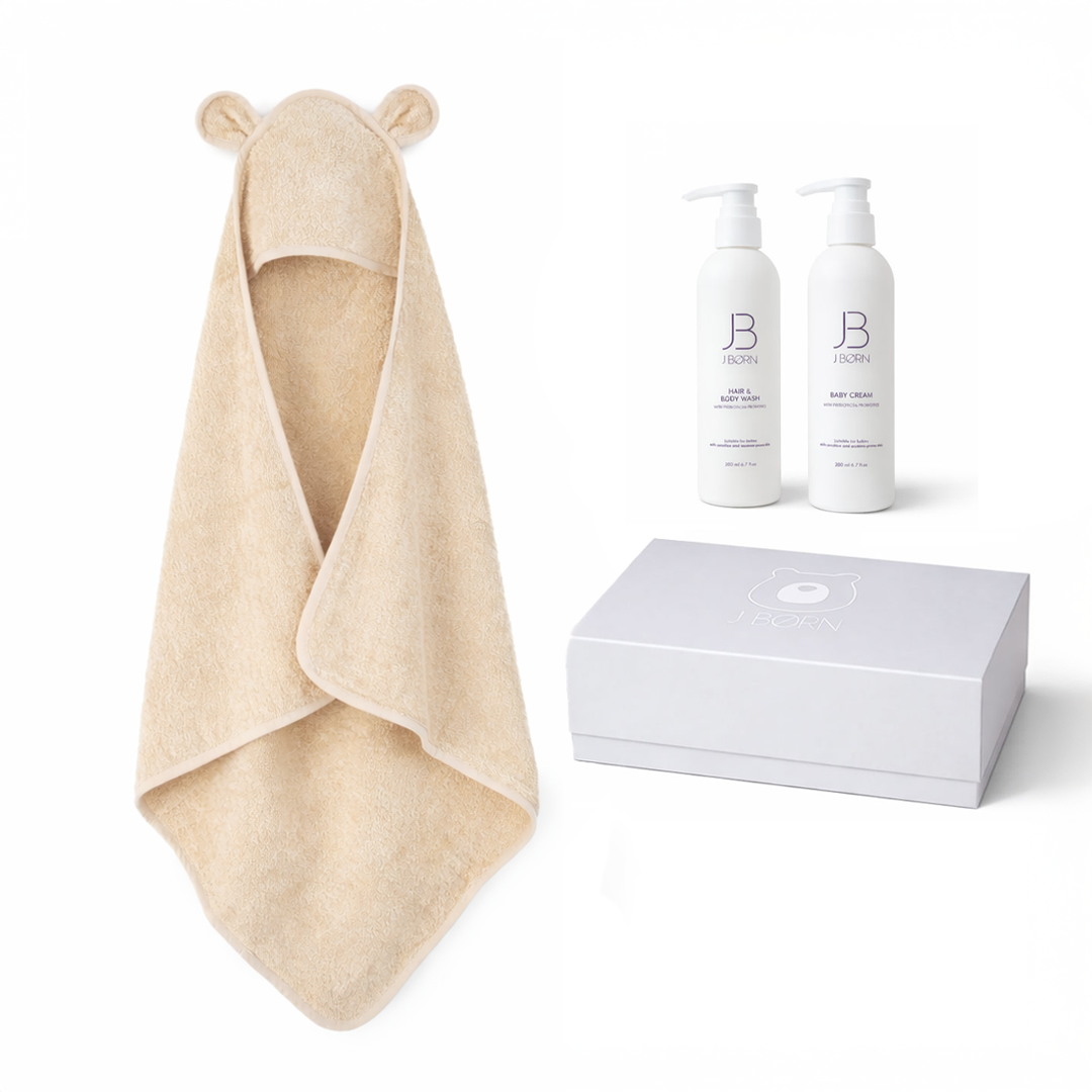 JBØRN Organic Cotton Towel & Skincare Gift Set Vanilla Towel & Skincare Set - Personalisable Baby Products Sold and Personalised by JustBørn
