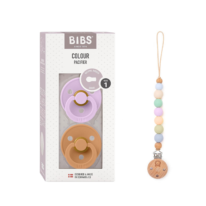 Pack of 2 BIBS Colour Latex Pacifiers & Rainbow Pacifier Clip | Size 1 & 2 Violet Sky Pumpkin & Rainbow Clip - Personalisable Baby Products Sold and Personalised by JustBørn