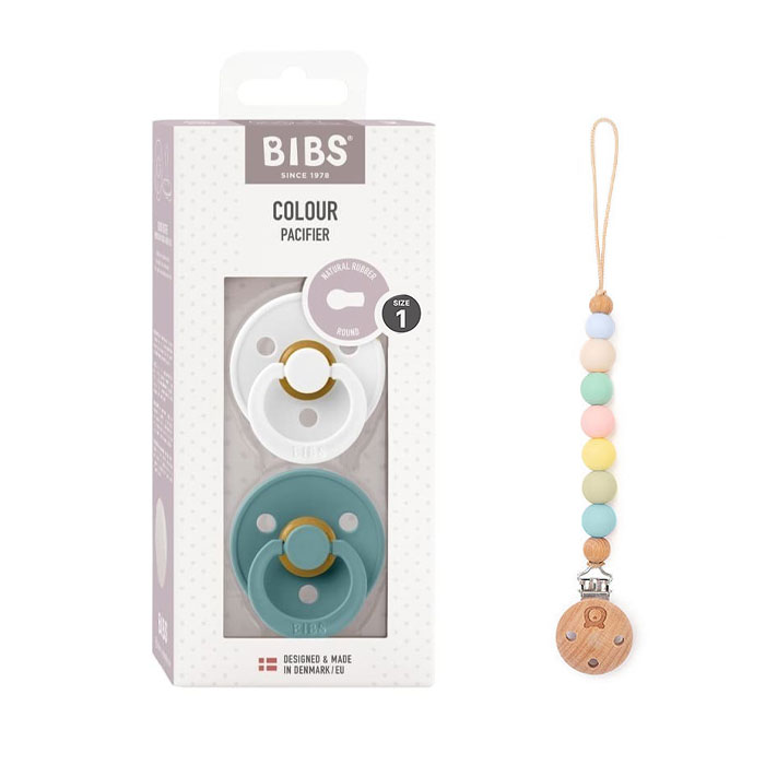 Pack of 2 BIBS Colour Latex Pacifiers & Rainbow Pacifier Clip | Size 1 & 2 White Island Sea & Rainbow Clip - Personalisable Baby Products Sold and Personalised by JustBørn