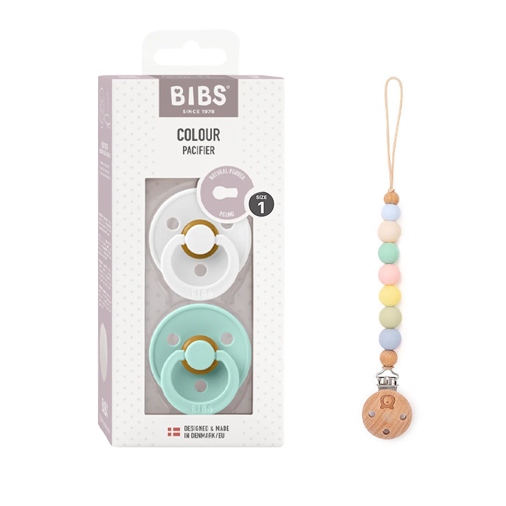 Pack of 2 BIBS Colour Latex Pacifiers & Rainbow Pacifier Clip | Size 1 & 2 White Mint & Rainbow Clip Size 1 (0-6 months) - Personalisable Baby Products Sold and Personalised by JustBørn